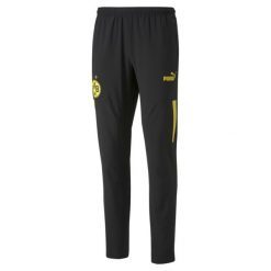 Spodnie przedmeczowe Borussia Dortmund 2022/23. Czarne spodnie materiałowe męskie Puma, bez wzorów, z materiału. Za 241.40 zł.