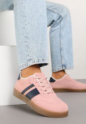Różowe Sneakersy Typu Tenisówki Ozdobione Paskami Amolana. Czerwone trampki i tenisówki damskie Renee, bez wzorów, z jeansu. Za 74.99 zł.