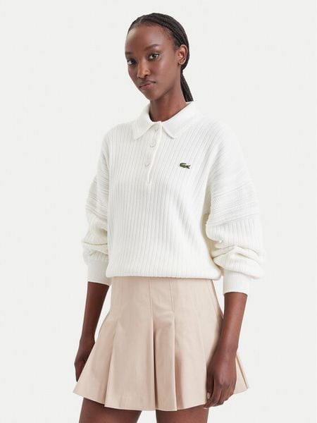 Lacoste Sweter AF8272 Kremowy Regular Fit. Białe swetry klasyczne damskie Lacoste, z bawełny, bez kołnierzyka. Za 949.99 zł.