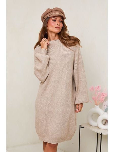 Soft Cashmere Sukienka dzianinowa w kolorze beżowym rozmiar: 34/36. Brązowe sukienki damskie Soft Cashmere, bez wzorów, z dzianiny, klasyczne, bez kołnierzyka, bez ramiączek, midi. Za 160.96 zł.