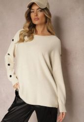 Jasnobeżowy Sweter z Wiskozą i Bawełną Ozdobiony Guzikami Ciavonne. Brązowe swetry klasyczne damskie Renee, l, z bawełny, bez kołnierzyka. Za 69.99 zł.