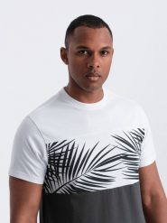 T-shirt meski dwukolorowy z nadrukiem w liście palmy - grafitowy V2 OM-TSPT-0177 - XXL. Szare t-shirty męskie Ombre Clothing, na lato, l, bez wzorów, z dzianiny, bez kołnierzyka. W wyprzedaży za 29.99 zł.