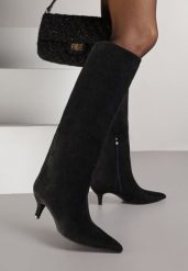 Czarne Eleganckie Kozaki do Kolana na Obcasie Typu Kaczuszka Tesaira. Czarne kozaki damskie Born2be, z jeansu, bez obcasa, na obcasie. Za 189.99 zł.