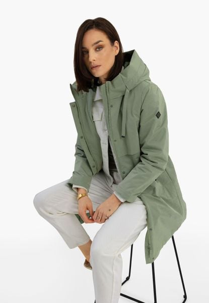 Płaszcz damski z kapturem J-AGATE. Płaszcze damskie Volcano, na jesień, plus size, bez wzorów, z materiału, plus size. Za 369.99 zł.