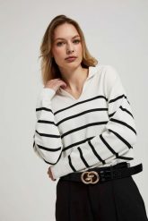 Sweter w paski z kołnierzykiem perłowo-czarny. Białe swetry klasyczne damskie MOODO, s, z poliamidu, bez kołnierzyka. W wyprzedaży za 64.99 zł.
