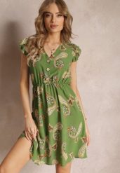 Zielona Rozkloszowana Sukienka Mini we Wzór Paisley Rachelli. Zielone sukienki damskie Renee, l, z aplikacjami, eleganckie, bez kołnierzyka, bez ramiączek, mini, rozkloszowane. W wyprzedaży za 52.49 zł.