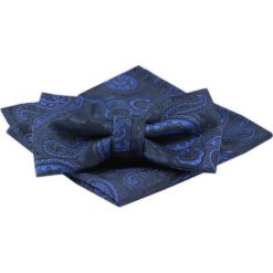 Męska Mucha z Poszetką, Ciemnogranatowa z Niebieskim Wzorem - Alties. Niebieskie krawaty i muchy męskie Alties, bez wzorów, eleganckie. Za 54.00 zł.