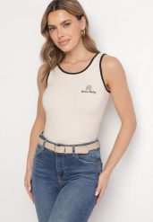 Jasnobeżowy Wiskozowy Top Ozdobiony Nadrukiem Amovara. Brązowe topy damskie Born2be, m, bez wzorów, z jeansu, bez kołnierzyka. Za 34.99 zł.