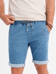 Jeansowe szorty męskie z podwinięta nogawką - jasnoniebieskie V1 OM-SRDS-0161 - XXL. Niebieskie szorty męskie Ombre Clothing, z bawełny, bez kołnierzyka. W wyprzedaży za 89.99 zł.