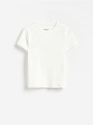 T-shirt z dodatkiem modalu - złamana biel. Koszulki dziewczęce Reserved, bez wzorów, z dzianiny, bez ramiączek. Za 25.99 zł.