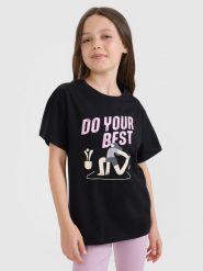 4F T-shirt regular z nadrukiem dziewczęcy - czarny 140 (9-10 lat). Czarne koszulki dziewczęce 4f, uniwersalny, bez wzorów, z bawełny, bez ramiączek. W wyprzedaży za 19.99 zł.
