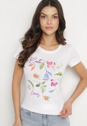 Różowy Bawełniany T-shirt z Ozdobnym Nadrukiem Zaromira. Białe t-shirty damskie Born2be, l, bez wzorów, z bawełny, bez kołnierzyka. Za 29.99 zł.