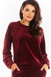 Welurowa Bluza z Logowaną Taśmą - Bordowa. Czerwone bluzy bez kaptura damskie Awama, l, z materiału. Za 209.90 zł.