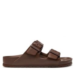 Klapki Birkenstock. Brązowe klapki damskie Birkenstock, bez wzorów, bez obcasa. Za 249.99 zł.