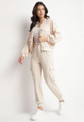 Beżowy Komplet Dresowy w Stylu Cargo Spodnie i Bluza z Imitacją Kieszeni Ivelhiris. Brązowe bluzy bez kaptura damskie Born2be, l, z dresówki. Za 119.99 zł.
