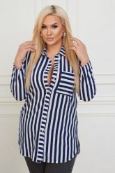 Elegancka długa zapinana koszula w paski PLUS SIZE XXL. Koszule damskie Nasi partnerzy, plus size, bez wzorów, z poliesteru, eleganckie, bez kołnierzyka, plus size, bez ramiączek. Za 199.90 zł.