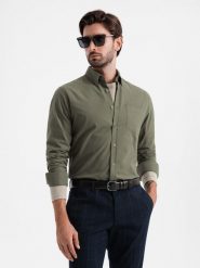 Bawełniana męska koszula REGULAR FIT z kieszenią - khaki V4 OM-SHOS-0153 - XXL. Brązowe koszule męskie Ombre Clothing, m, bez wzorów, z bawełny, bez kołnierzyka, bez ramiączek. Za 55.19 zł.