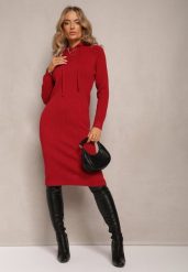 Bordowa Wełniana Sukienka w Prążki z Kapturem Opiuda. Czerwone sukienki damskie Renee, na co dzień, bez wzorów, z wełny, eleganckie, bez kołnierzyka, bez ramiączek, midi, sportowe. Za 89.99 zł.