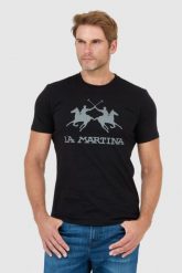 LA MARTINA Czarny t-shirt męski z szarym logo. Czarne t-shirty męskie La Martina, l, bez wzorów, prążkowane, bez kołnierzyka. W wyprzedaży za 139.99 zł.