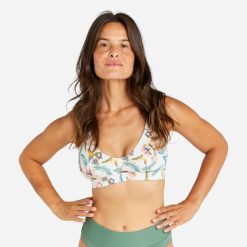 Góra kostiumu kąpielowego surfingowego damska Olaian Agatha Belly. Białe bikini damskie Decathlon, bez wzorów. Za 89.99 zł.