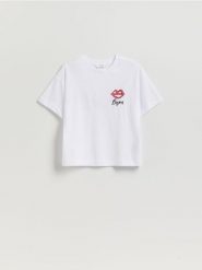 T-shirt z aplikacją - biały. Białe t-shirty damskie Reserved, l, z aplikacjami, z bawełny, bez kołnierzyka. Za 69.99 zł.