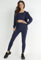 Granatowy Komplet Sportowy 3-częściowy Bluza Legginsy i Top Fika. Niebieskie bluzy z kapturem damskie Born2be, l, z dresówki. Za 79.99 zł.