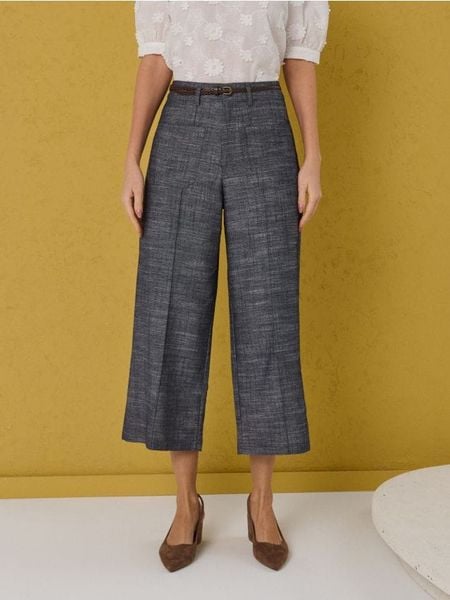 Spodnie cullote z domieszką lnu - niebieski. Niebieskie spodnie materiałowe damskie Sinsay, bez wzorów. Za 59.99 zł.