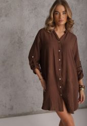 Brązowa Pudełkowa Sukienka Bawełniana Oversize z Dekoltem w Serek Elavellis. Brązowe sukienki damskie Renee, na co dzień, m, bez wzorów, z bawełny, eleganckie, bez kołnierzyka, bez ramiączek, mini, oversize. Za 99.99 zł.