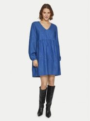Vila Sukienka jeansowa Rowie 14091978 Niebieski Relaxed Fit. Niebieskie sukienki damskie Vila, bez wzorów, z bawełny, bez kołnierzyka, bez ramiączek. Za 129.99 zł.