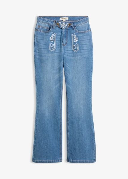 Ludowe jeansy bootcut, mid waist, z haftem. Niebieskie jeansy damskie bonprix. Za 159.99 zł.