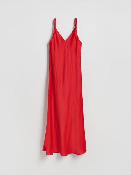 Sukienka maxi na ramiączkach - czerwony. Czerwone sukienki damskie Reserved, na co dzień, l, bez wzorów, z tkaniny, bez kołnierzyka, bez ramiączek, maxi, proste. Za 179.99 zł.