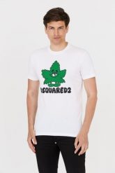 DSQUARED2 Męski biały t-shirt z zielonym liściem, Rozmiar XL. Białe t-shirty męskie Dsquared2, m, bez wzorów, bez kołnierzyka. W wyprzedaży za 665.99 zł.