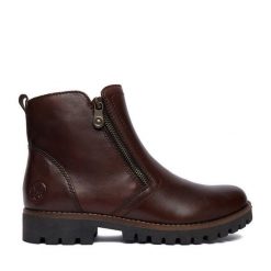 Botki Rieker. Brązowe botki damskie Rieker, bez obcasa, na płaskiej podeszwie, bez zapięcia. Za 469.99 zł.