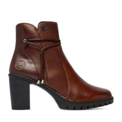 Botki Rieker. Brązowe botki damskie Rieker, bez obcasa, na słupku, bez zapięcia. Za 429.99 zł.