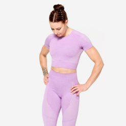 Koszulka fitness damska Domyos krótki rękaw crop top. Brązowe bluzki sportowe damskie DOMYOS, l, bez wzorów, z materiału, bez ramiączek. W wyprzedaży za 59.99 zł.