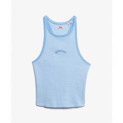 Tank top w paski z plecami w stylu sportowym i logo dla kobiet Superdry Essentia. Niebieskie topy sportowe damskie Superdry., bez wzorów, bez ramiączek. Za 105.35 zł.
