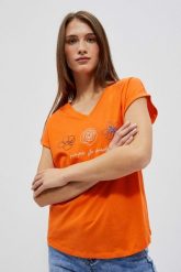 T-shirt z dekoltem w serek i nadrukiem pomarańczowy. Brązowe t-shirty damskie MOODO, xs, bez wzorów, z bawełny, bez kołnierzyka. W wyprzedaży za 15.99 zł.