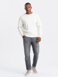 Męskie spodnie jeansowe TAPERED FIT z przeszyciami i podwiniętymi nogawkami – szare V2 OM-PADP-0161 - XXL. Szare spodnie materiałowe męskie Ombre Clothing, z aplikacjami, z bawełny, eleganckie. Za 107.99 zł.