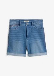 Lekkie szorty jeansowe ze średnim stanem. Niebieskie szorty damskie bonprix, bez wzorów, z jeansu. Za 112.99 zł.