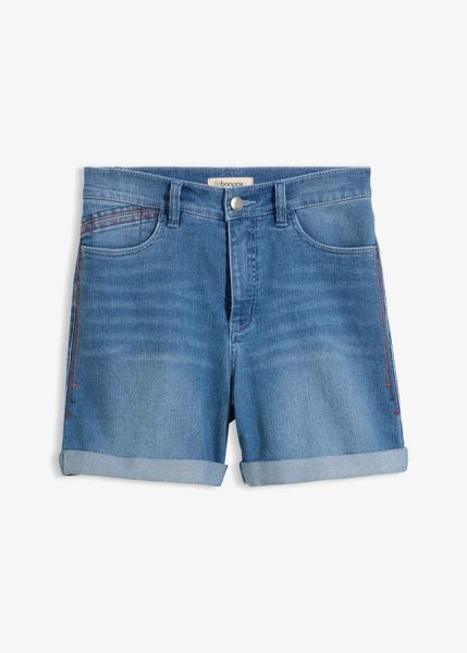 Lekkie szorty jeansowe ze średnim stanem. Niebieskie szorty damskie bonprix, bez wzorów, z jeansu. Za 112.99 zł.