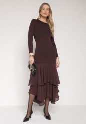 Brązowa Sukienka z Wiskozą o Dopasowanym Kroju z Falbanami u Dołu Vebmara. Brązowe sukienki damskie Born2be, na randkę, m, bez wzorów, z materiału, eleganckie, bez kołnierzyka, bez ramiączek, maxi, dopasowane. Za 169.99 zł.