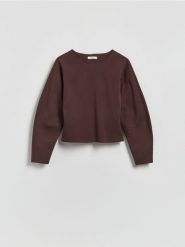 Gładka bluza - ciemnobrązowy. Brązowe bluzy bez kaptura damskie Reserved, l, z bawełny. Za 89.99 zł.