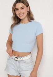 Jasnoniebieski T-shirt z Prążkowanego Materiału o Krótkim Kroju Telunna. Niebieskie t-shirty damskie Born2be, l, bez wzorów, z jeansu, bez kołnierzyka. Za 29.99 zł.