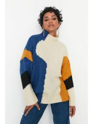 Trendyol Sweter w kolorze beżowo-niebiesko-żółtym rozmiar: L. Niebieskie golfy damskie Trendyol, l, bez wzorów, ze splotem, bez ramiączek. Za 92.21 zł.