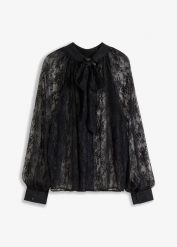 Delikatnie prześwitująca bluzka z koronki. Czarne bluzki damskie bonprix, bez wzorów, z koronki, eleganckie, bez kołnierzyka, bez ramiączek. Za 129.99 zł.