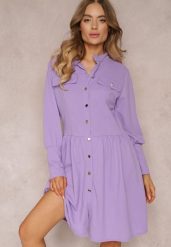 Fioletowa Sukienka Mini z Kołnierzem i Ozdobnymi Klapami Zylana. Fioletowe sukienki damskie Renee, na co dzień, bez wzorów, eleganckie, bez kołnierzyka, bez ramiączek, mini, koszulowe. Za 99.99 zł.