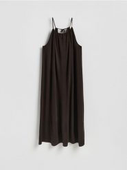 Sukienka midi - ciemnobrązowy. Brązowe sukienki damskie Reserved, l, bez wzorów, z dzianiny, bez kołnierzyka, bez ramiączek, midi. Za 119.99 zł.