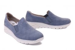 RIEKER N3363-10 blue, półbuty damskie. Niebieskie półbuty damskie Rieker, bez wzorów, bez obcasa. Za 279.90 zł.