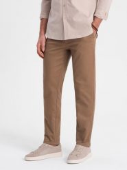Spodnie męskie chino SLIM FIT z delikatną teksturą - brązowe V2 OM-PACP-0190 - XXL. Brązowe spodnie materiałowe męskie Ombre Clothing, bez wzorów, z bawełny. W wyprzedaży za 199.99 zł.