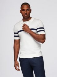 Koszulka męska polo z miękkiej dzianiny z kontrastowymi pasami - biała V1 - Rozmiar: M. Białe koszulki polo męskie Ombre Clothing, m, bez wzorów, z dzianiny, bez ramiączek. W wyprzedaży za 79.99 zł.